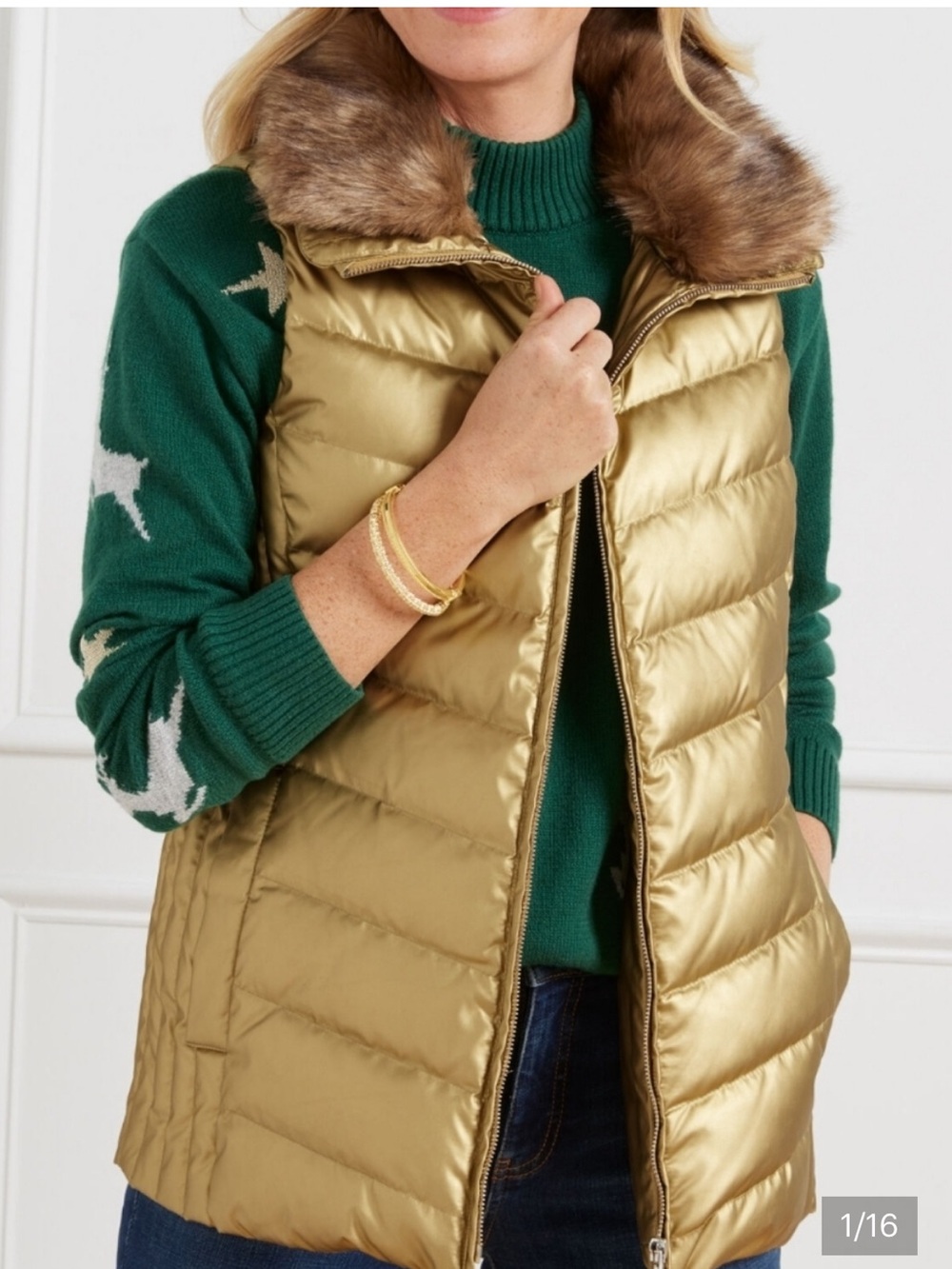 NWT Talbots Metallic Gold Quilted Puffer Vest with Faux Fur Trim